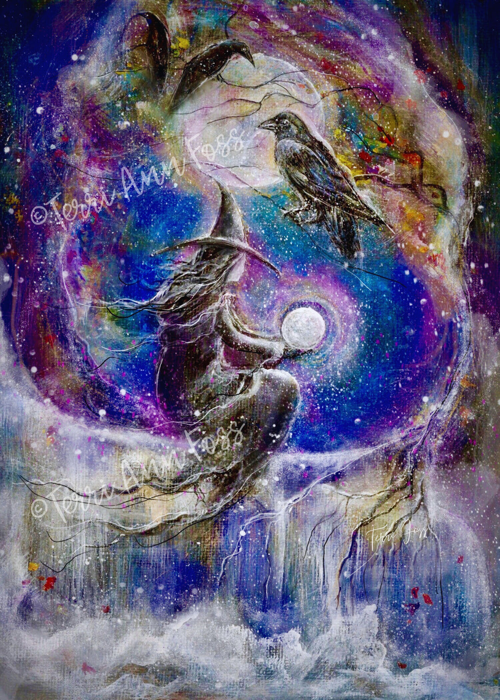 Raven's Omen - Witch Black Bird Crow Forest Crystal Ball Moon - Giclée Fine Art Print - Terri Ann Foss