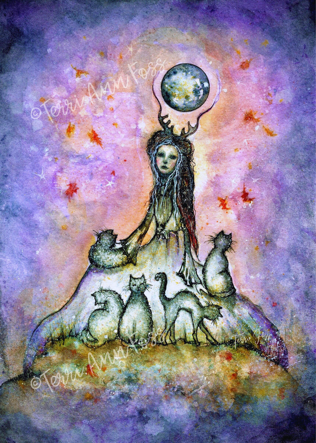 Earthbound Oracle - Witch Cats Moon Autumn Halloween - Giclée Fine Art Print - Terri Ann Foss