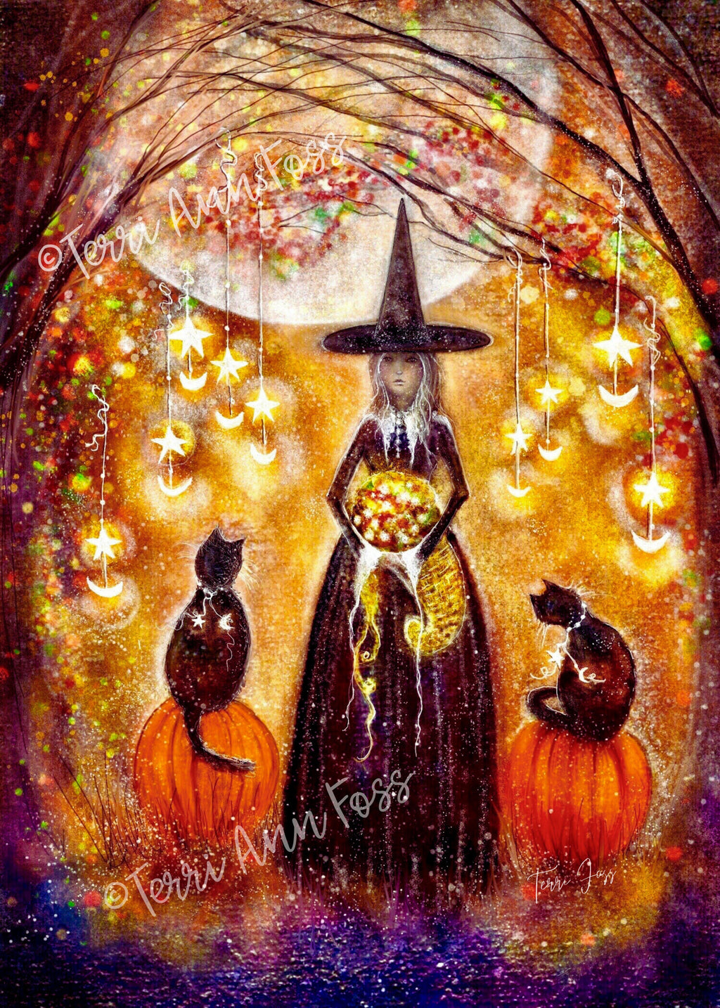 Autumn Abundance - Witch Cat Moon Autumn Pumpkins Halloween Samhain - Giclée Fine Art Print - Terri Ann Foss