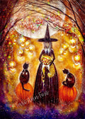 Autumn Abundance - Witch Cat Moon Autumn Pumpkins Halloween Samhain - Giclée Fine Art Print - Terri Ann Foss