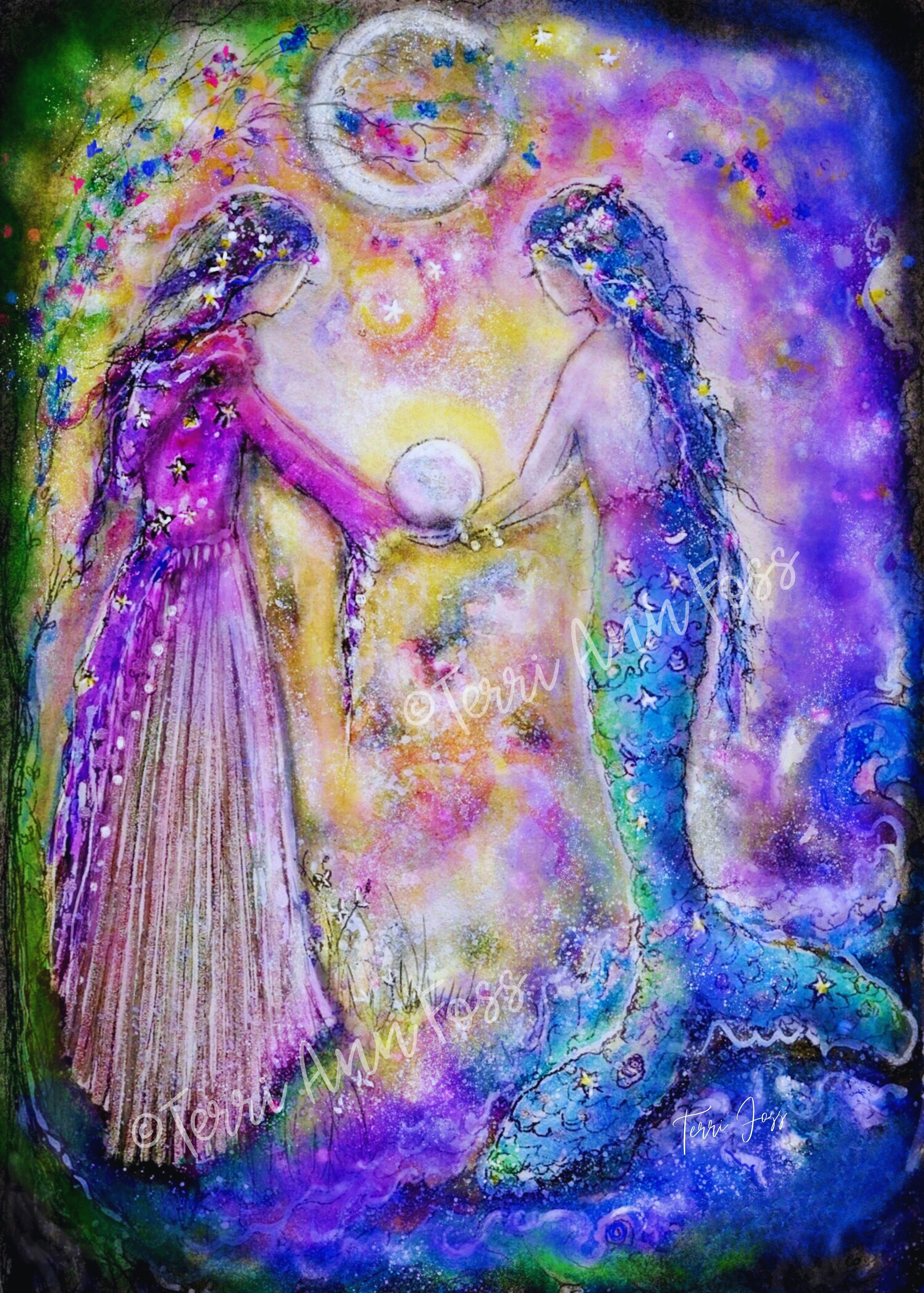 Earth and Tide - Witch Mermaid Sisters Coven Moon Summer - Giclée Fine Art Print - Terri Ann Foss