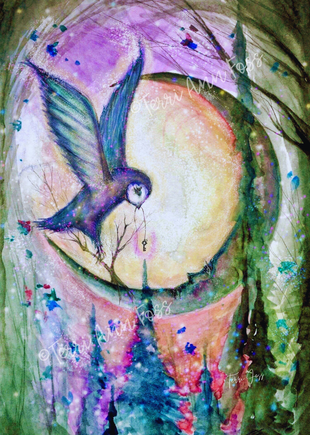 Night Key - Owl Witch Moon Key Forest Pines Mystical - Giclée Gallery Wrapped Canvas - Terri Ann Foss