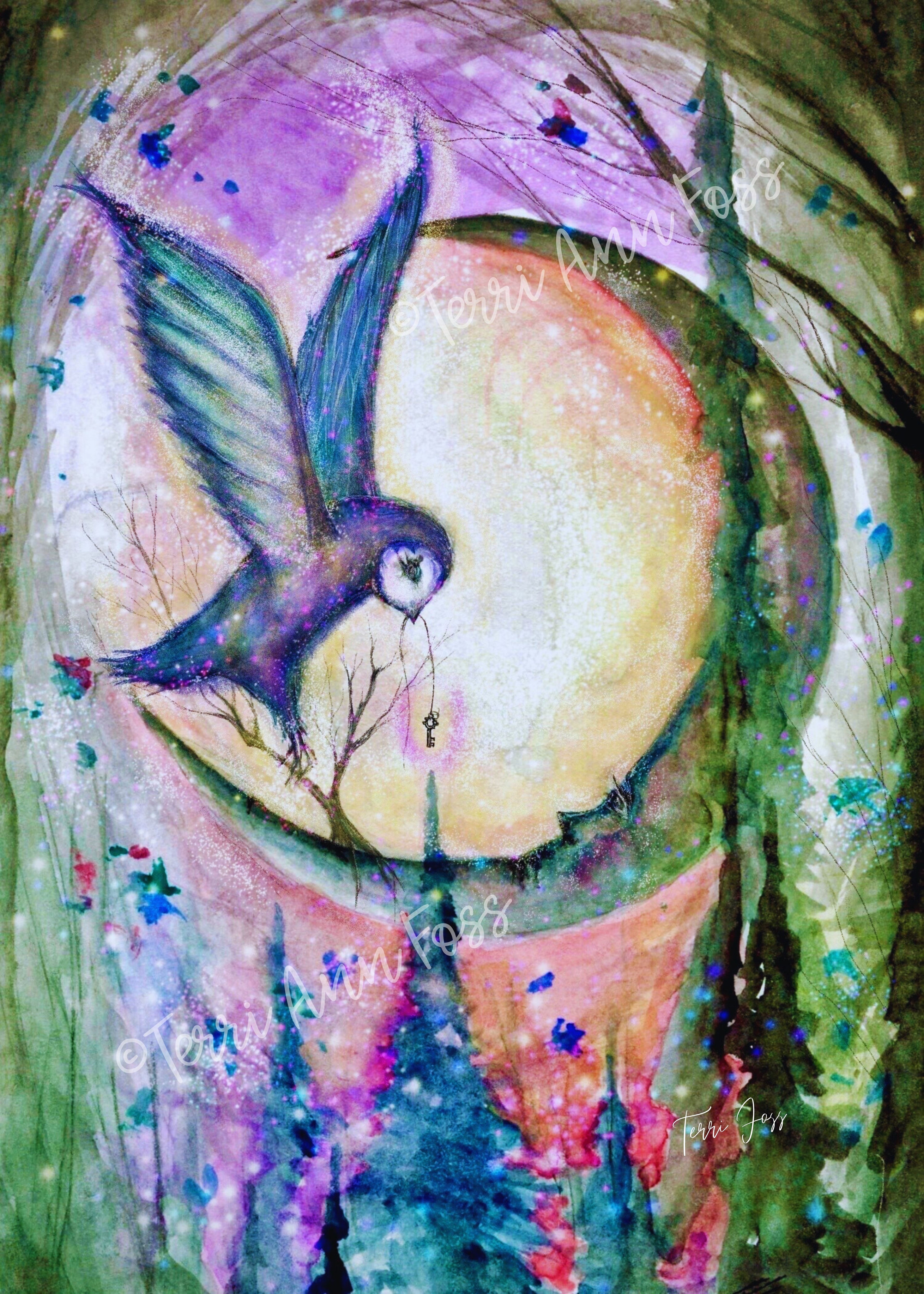 Night Key - Owl Witch Moon Key Forest Pines Mystical - Giclée Gallery Wrapped Canvas - Terri Ann Foss
