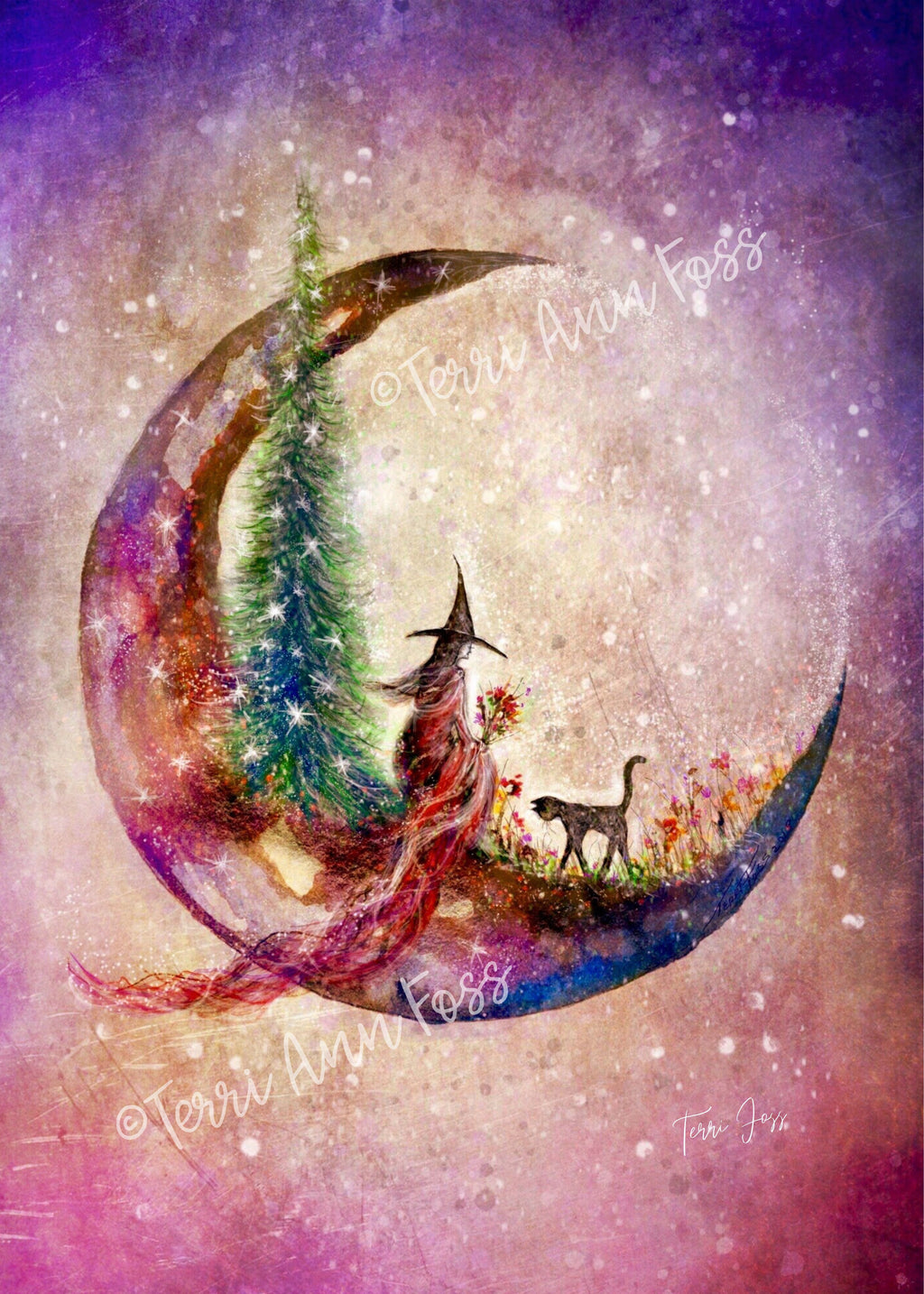 Hushed Horizon - Witch Cat Crescent Moon Summer Flowers Halloween- Giclée Fine Art Print - Terri Ann Foss