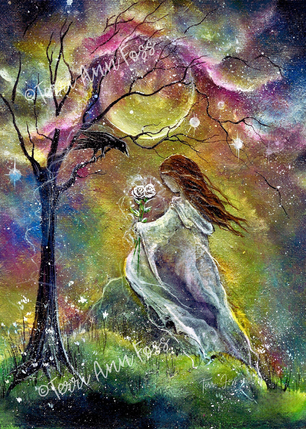 Petal Light - Faerie Girl Angelic Flower Witch Black Bird Raven Crow Moon - Giclée Gallery Wrapped Canvas - Terri Ann Foss