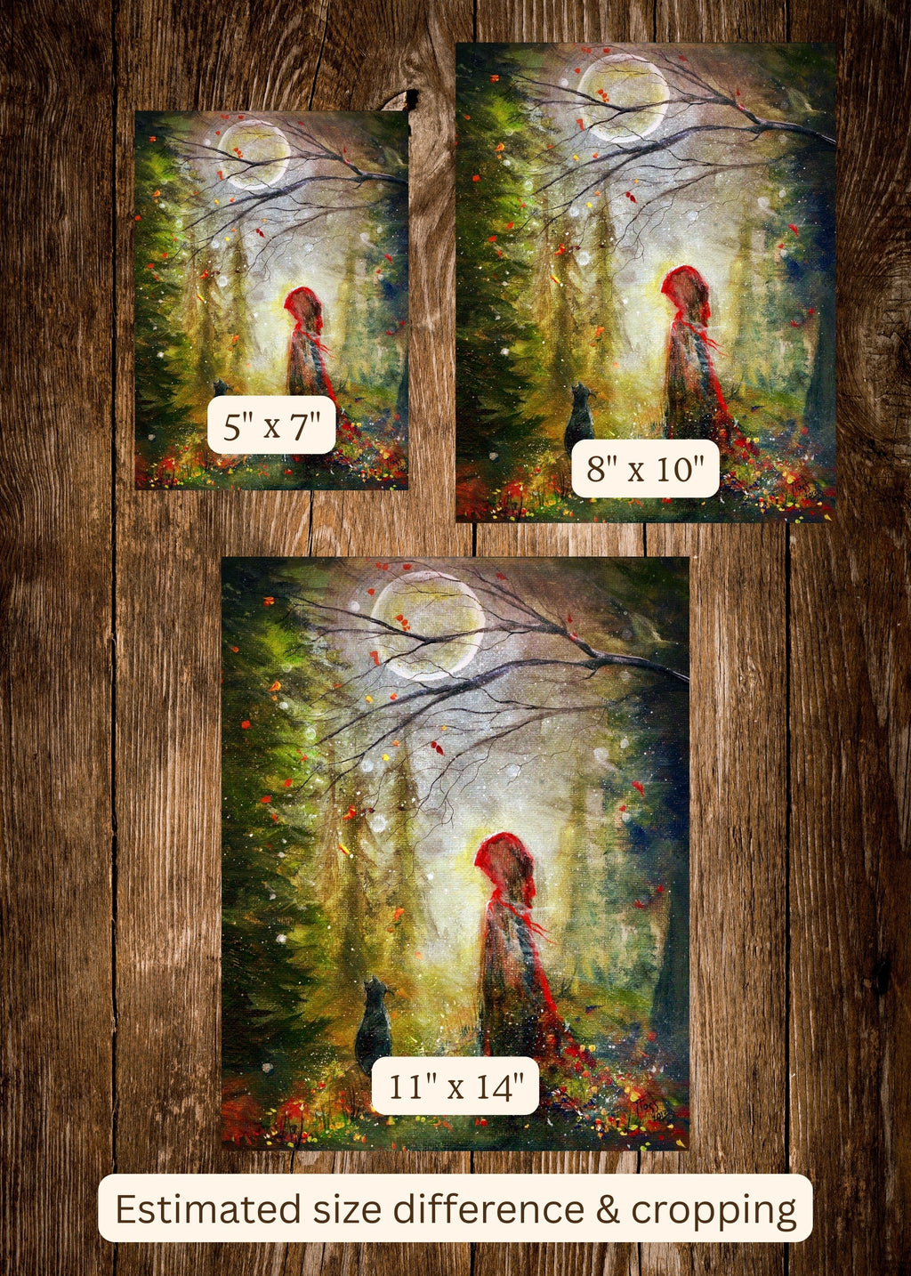 Gathering Path- Red Witch Girl Cat Forest Moon Halloween - Giclée Fine Art Print - Terri Ann Foss