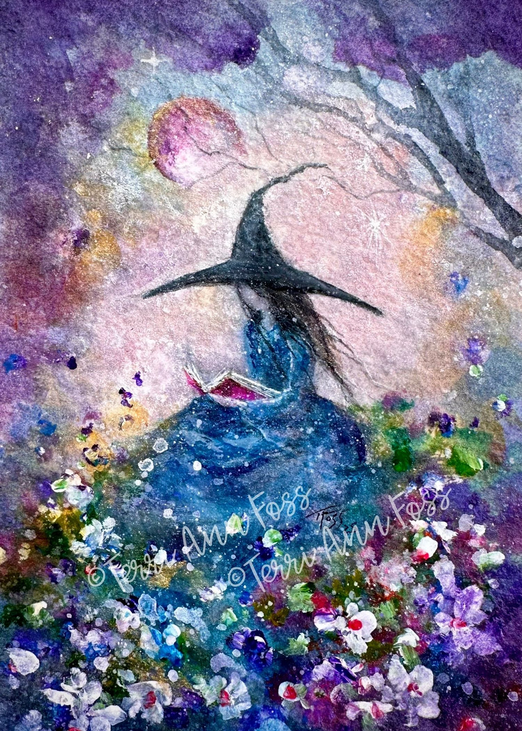 Blue Hour - Witch Flowers Book Moon Summer Halloween - Giclée Gallery Wrapped Canvas - Terri Ann Foss