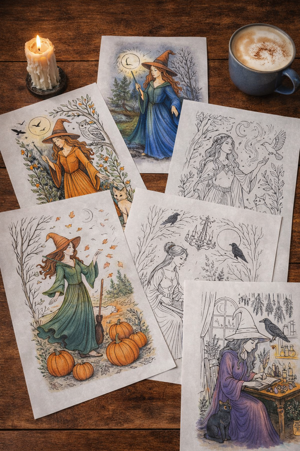 Colored in Moonlight – Witch Halloween Coloring Pages - Printable Witch Coloring Pages - 8.5x11 Instant Digital Download - Terri Ann Foss