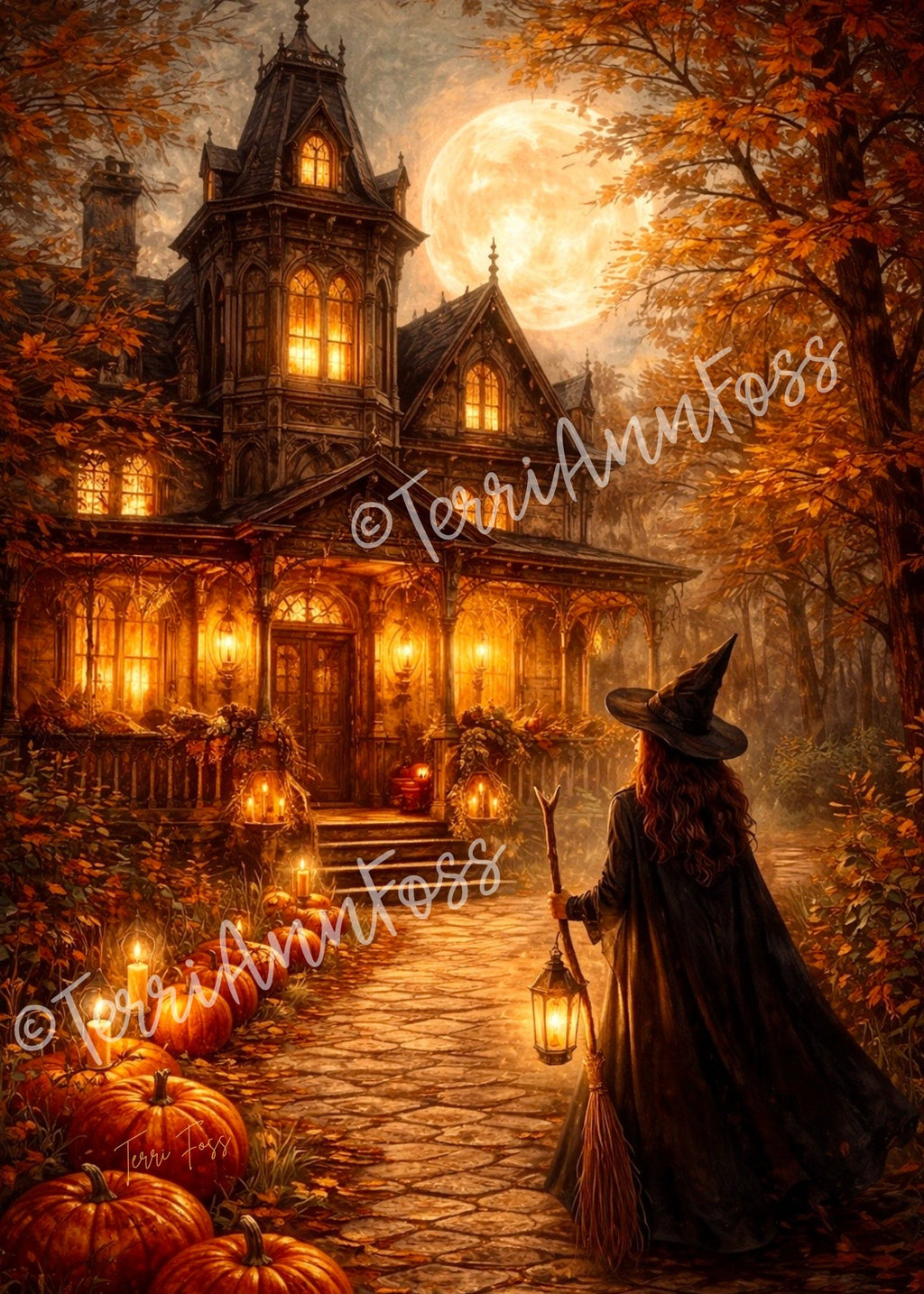 Autumn Under the Harvest Moon Postcards – Witch Moon Fall Samhain Halloween – 5” x 7" Double Sided Mailing Printable Digital Download Terri Ann Foss