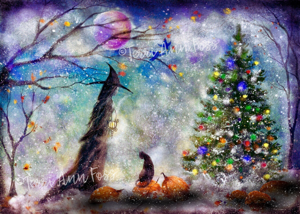 Winter Wood - Witch Halloween Winter Yule Christmas Raven Cat Moon - Giclée Fine Art Print - Terri Ann Foss