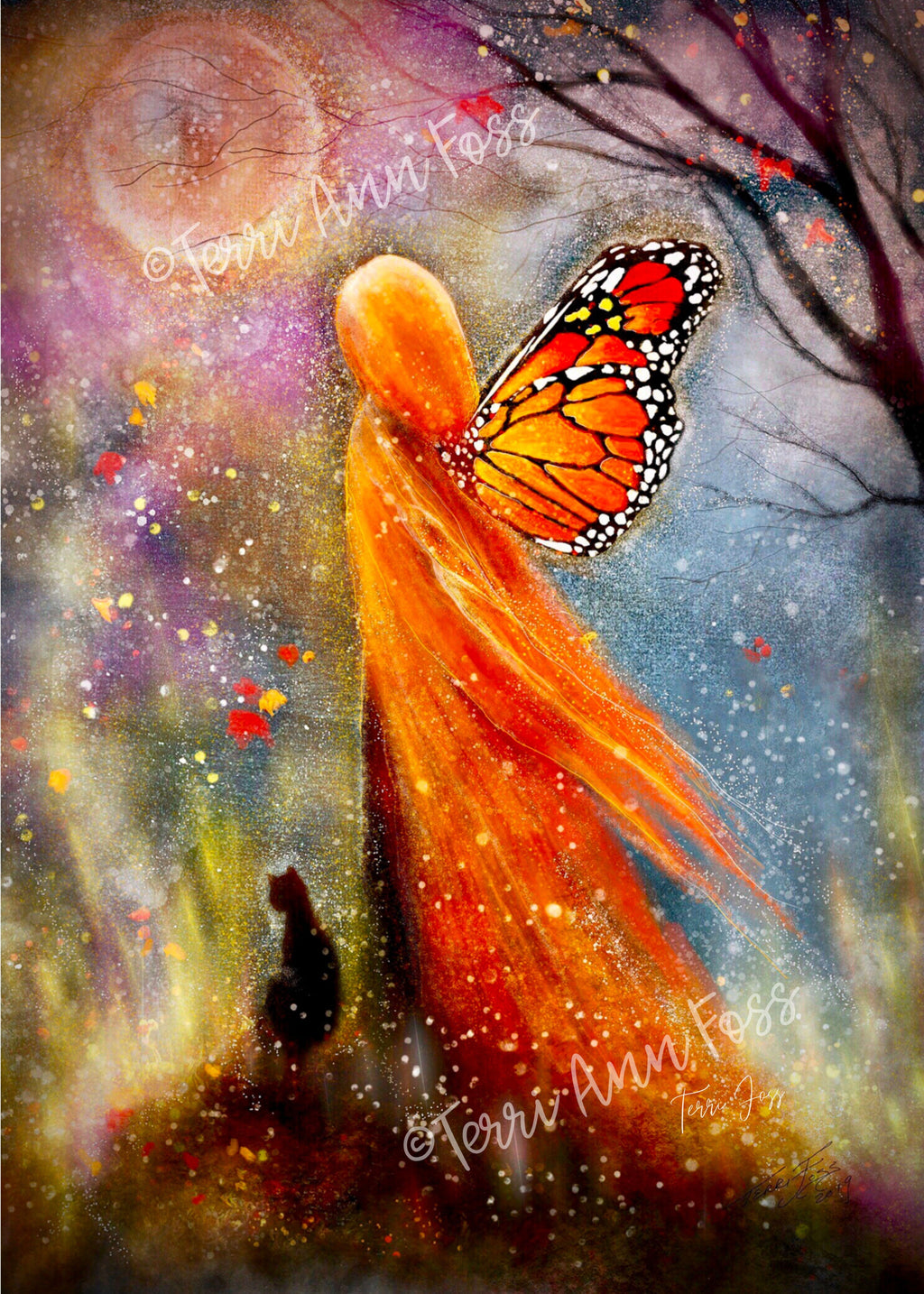 Blooming Spirit - Monarch Butterfly Faerie Witch Girl Cat Moon - Giclée Fine Art Print - Terri Ann Foss