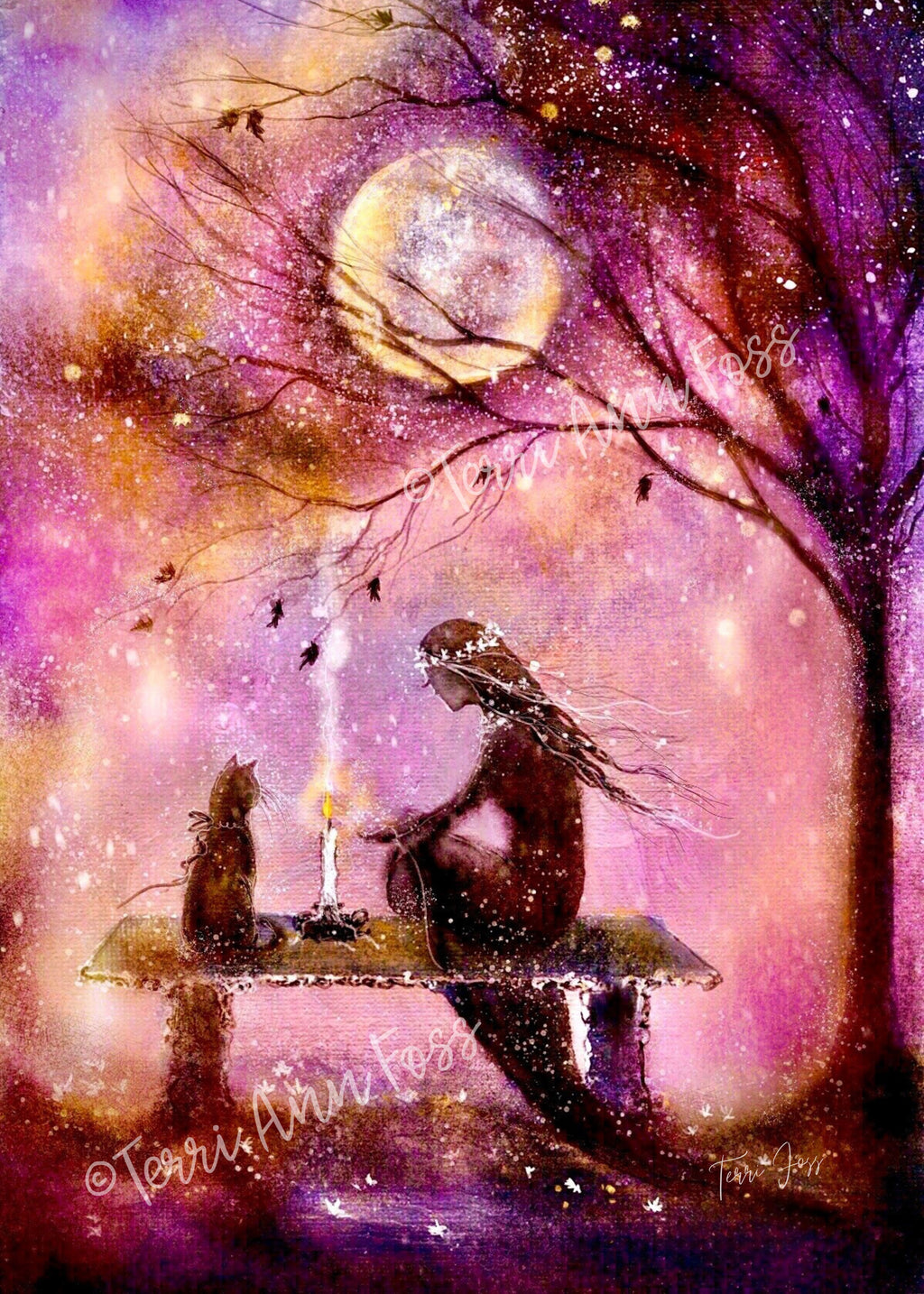 Quiet Offering - Pink Faerie Witch Girl Black Cat Moon - Giclée Fine Art Print - Terri Ann Foss