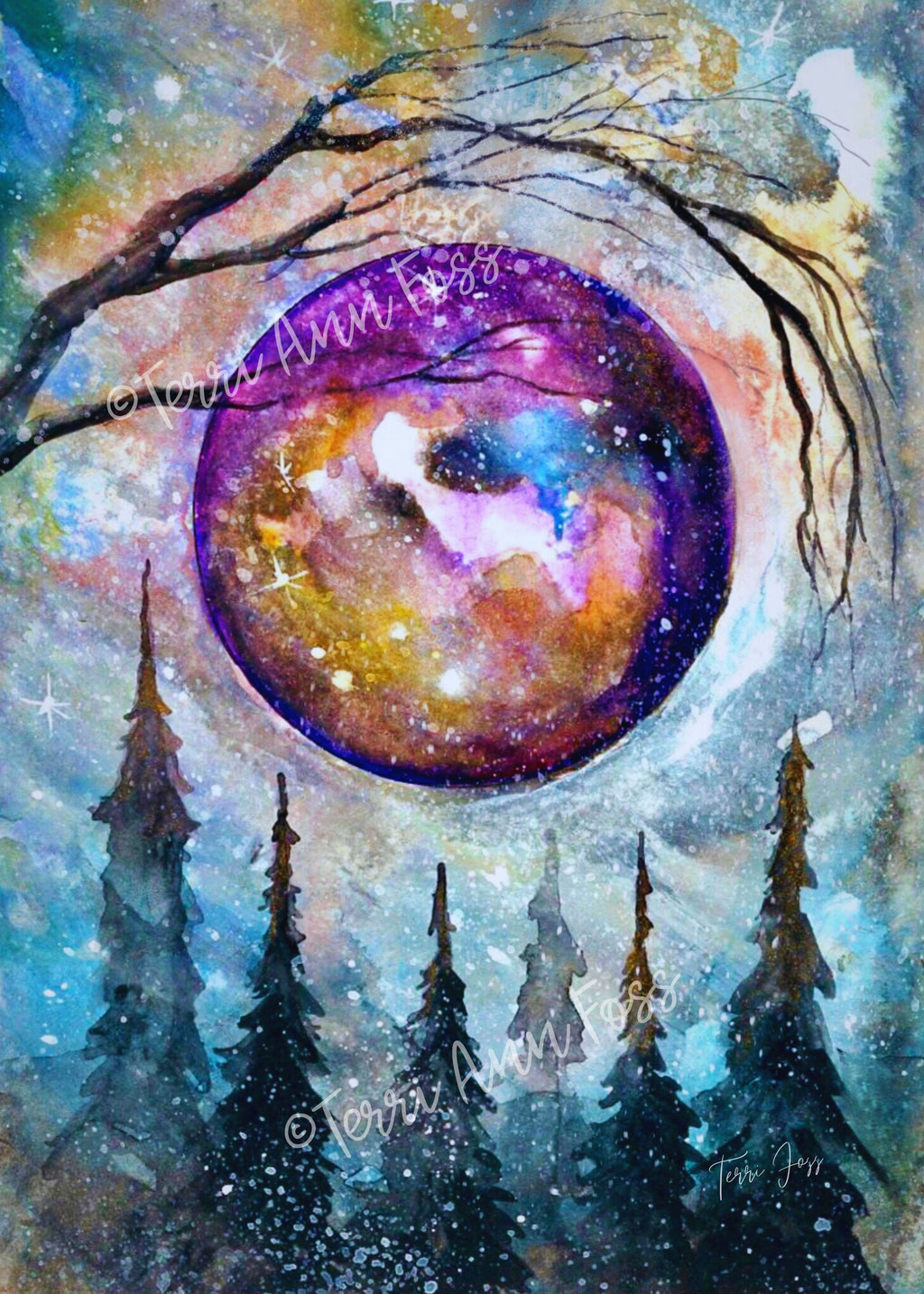 Evergreen Night - Mystical Full Moon Pine Forest Celestial - Giclée Fine Art Print - Terri Ann Foss