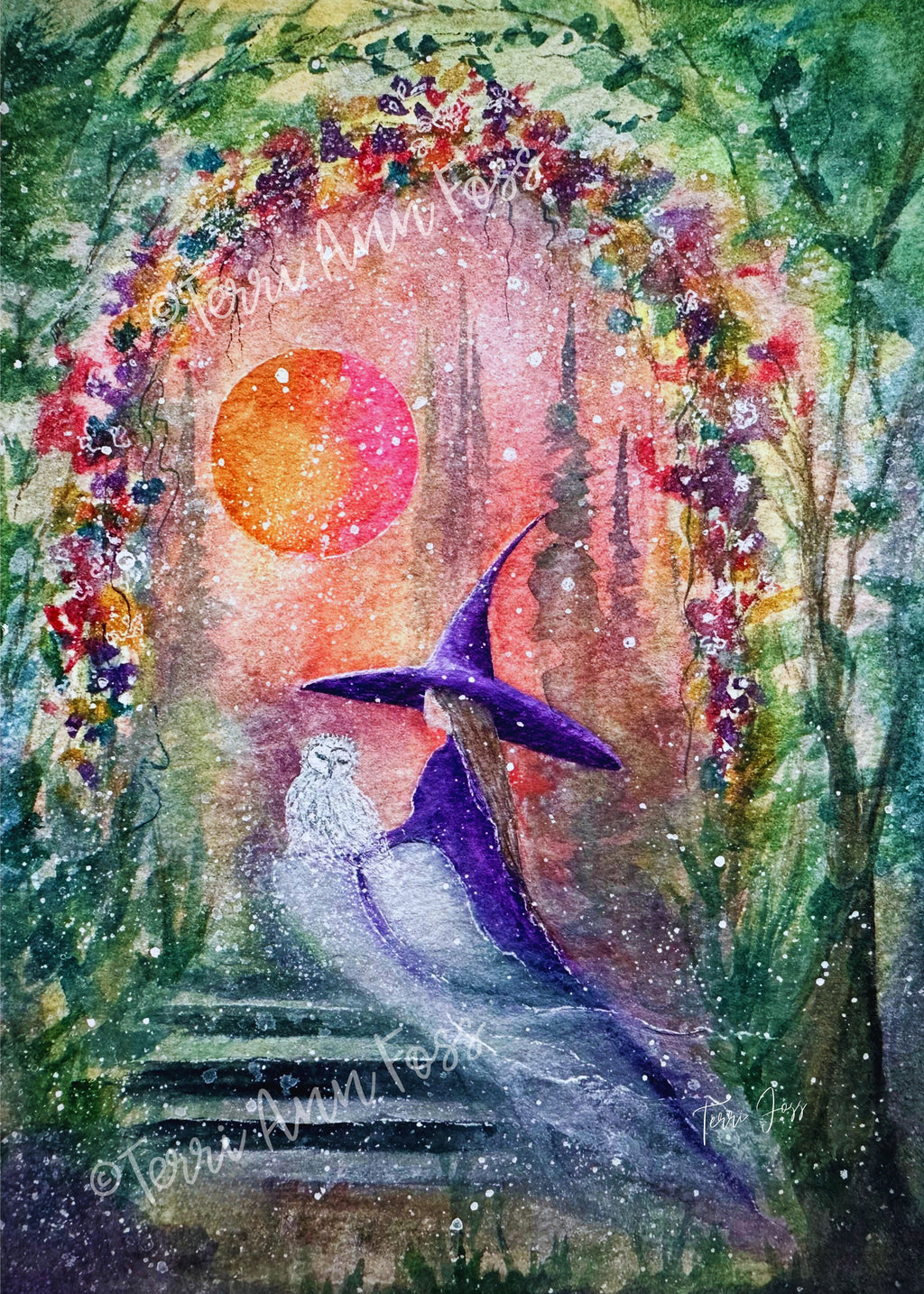 Dream Passage - Witch Owl Spring Summers Flowers Moon Halloween - Giclée Fine Art Print - Terri Ann Foss