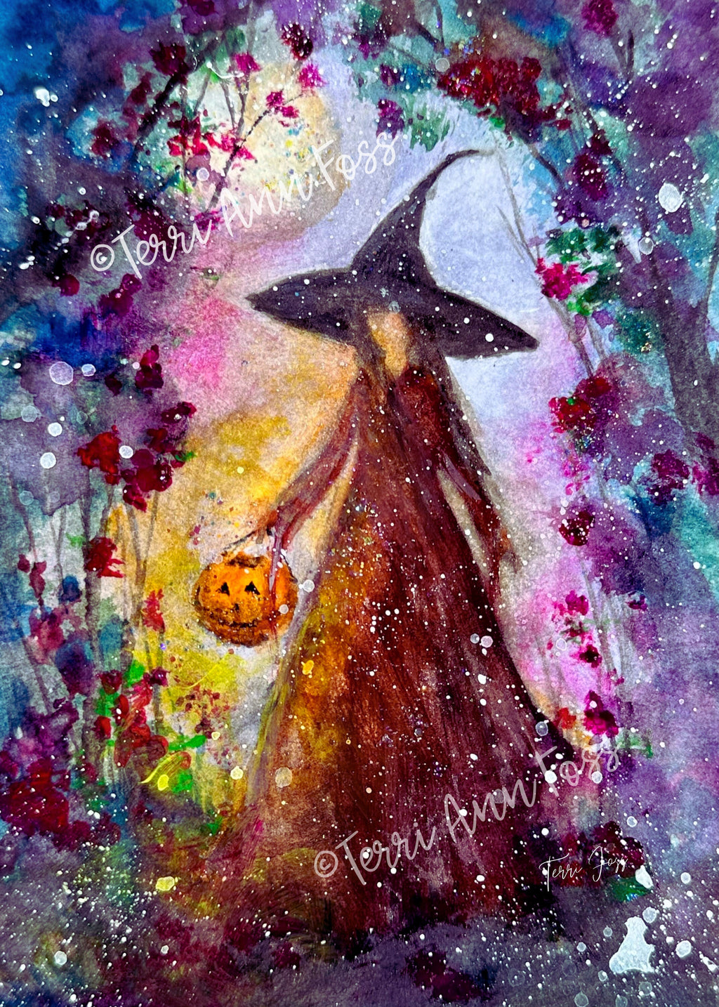 Harvest Light - Witch Autumn Pumpkin Summer Flowers Moon - Giclée Fine Art Print - Terri Ann Foss