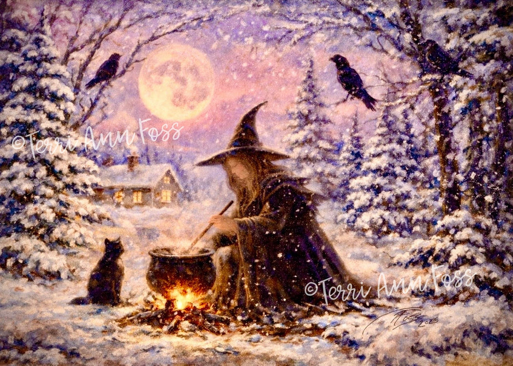 Moonlit Hearth - Witch Halloween Winter Yule Christmas Pumpkin Raven Crow Cat Moon - Giclée Gallery Wrapped Canvas - Terri Ann Foss