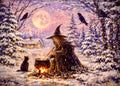 Moonlit Hearth - Witch Halloween Winter Yule Christmas Pumpkin Raven Crow Cat Moon - Giclée Fine Art Print - Terri Ann Foss