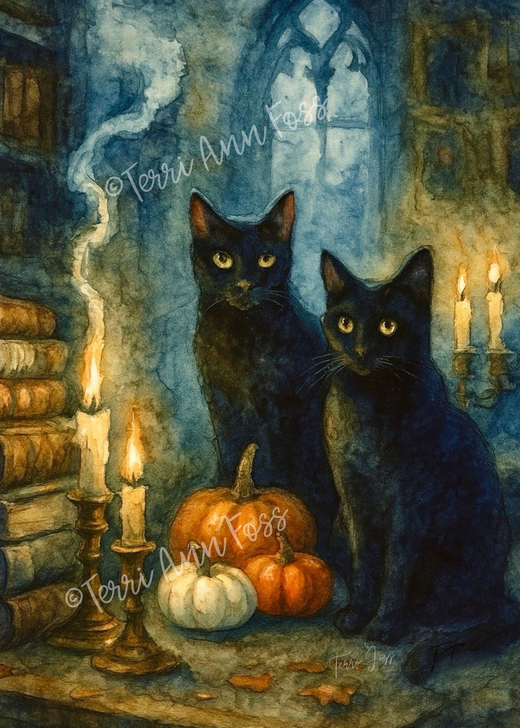 Midnight Keepers - Witch Halloween Pumpkin Black Cats Moon Books - Giclée Gallery Wrapped Canvas - Terri Ann Foss