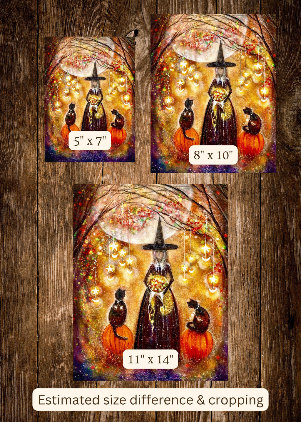 Autumn Abundance - Witch Cat Moon Autumn Pumpkins Halloween Samhain - Giclée Fine Art Print - Terri Ann Foss