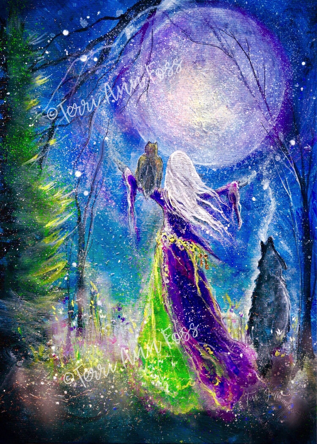 Moonlit Vigil - Witch Crone Wolf Dog Moon Halloween - Gallery Wrapped Canvas Art Print - Terri Ann Foss