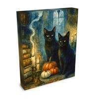 Midnight Keepers - Witch Halloween Pumpkin Black Cats Moon Books - Giclée Gallery Wrapped Canvas - Terri Ann Foss