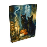 Midnight Keepers - Witch Halloween Pumpkin Black Cats Moon Books - Giclée Gallery Wrapped Canvas - Terri Ann Foss