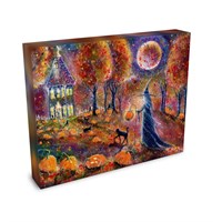Harvest Hollow - Witch Cat Pumpkin Halloween Samhain Moon Cottage - Giclée Gallery Wrapped Canvas - Terri Ann Foss