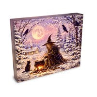 Moonlit Hearth - Witch Halloween Winter Yule Christmas Pumpkin Raven Crow Cat Moon - Giclée Gallery Wrapped Canvas - Terri Ann Foss