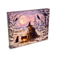 Moonlit Hearth - Witch Halloween Winter Yule Christmas Pumpkin Raven Crow Cat Moon - Giclée Gallery Wrapped Canvas - Terri Ann Foss