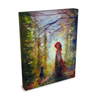 Gathering Path - Red Witch Girl Cat Forest Moon Halloween - Giclée Gallery Wrapped Canvas - Terri Ann Foss
