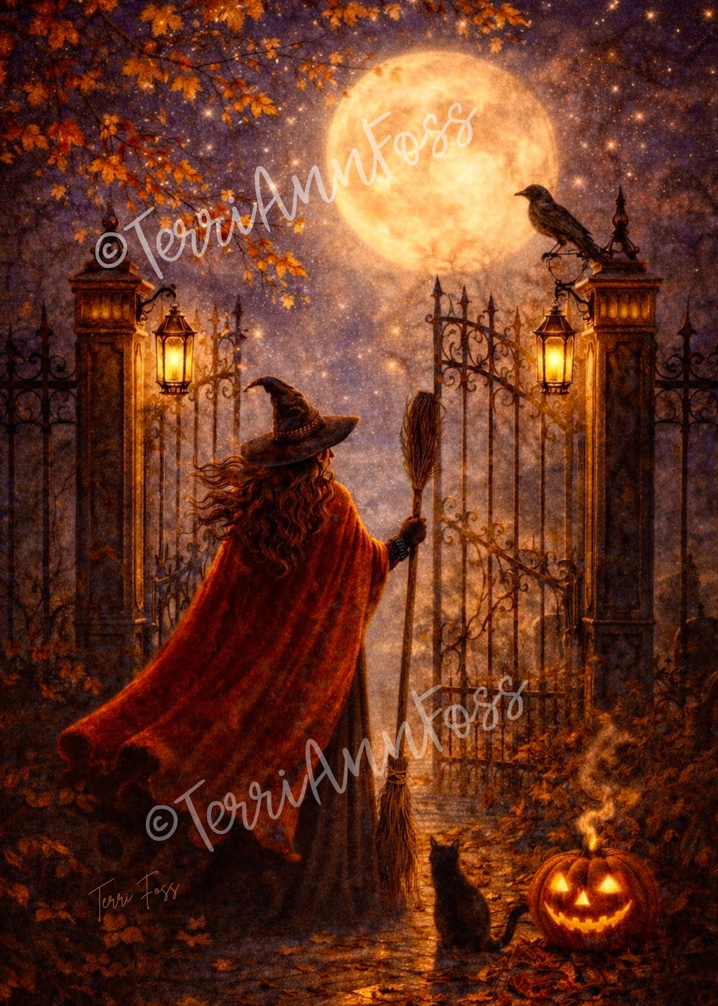 Autumn Under the Harvest Moon Postcards – Witch Moon Fall Samhain Halloween – 5” x 7" Double Sided Mailing Printable Digital Download Terri Ann Foss