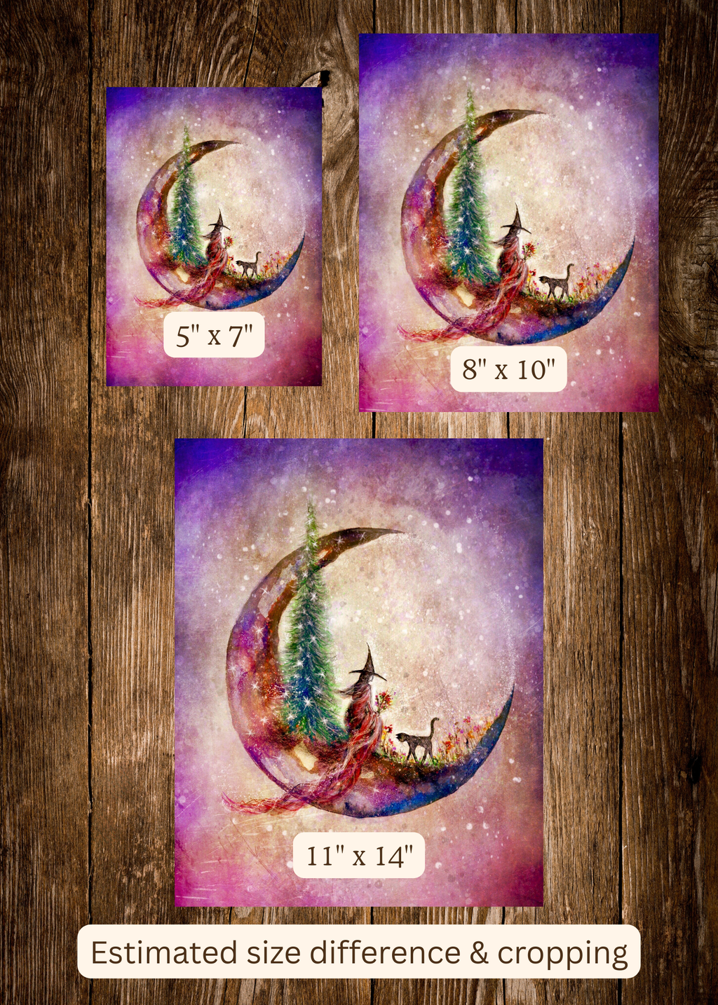 Hushed Horizon - Witch Cat Crescent Moon Summer Flowers Halloween- Giclée Fine Art Print - Terri Ann Foss