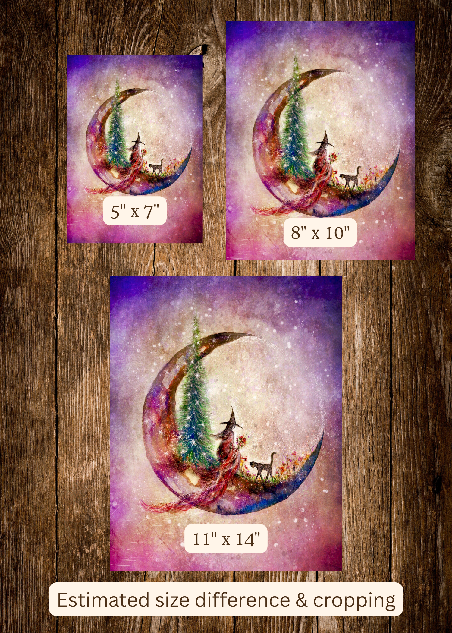 Hushed Horizon - Witch Cat Crescent Moon Summer Flowers Halloween- Giclée Fine Art Print - Terri Ann Foss
