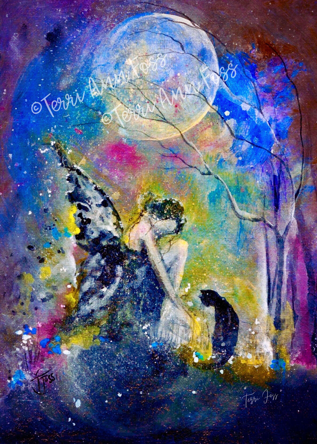 Lunar Grace - Faerie Fae Witch Cat Girl Moon Summer Flowers - Giclée Art Print - Terri Ann Foss
