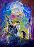 Lunar Grace - Faerie Fae Witch Cat Girl Moon Summer Flowers - Giclée Art Print - Terri Ann Foss