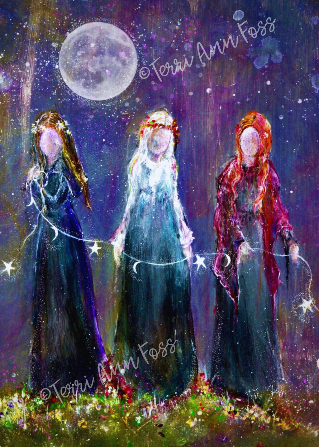Bound as Sisters - Witch Faerie Sisters Coven Celestial Moon - Giclée Gallery Wrapped Canvas - Terri Ann Foss