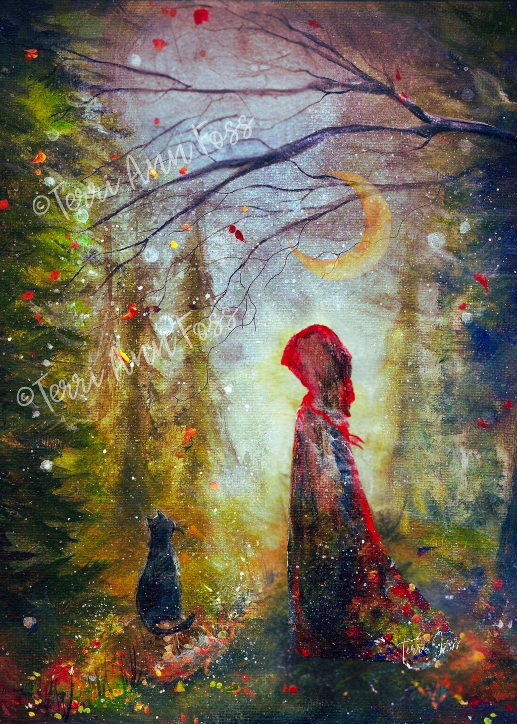 Gathering Path- Red Witch Girl Cat Forest Moon Halloween - Giclée Fine Art Print - Terri Ann Foss