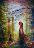 Gathering Path- Red Witch Girl Cat Forest Moon Halloween - Giclée Fine Art Print - Terri Ann Foss