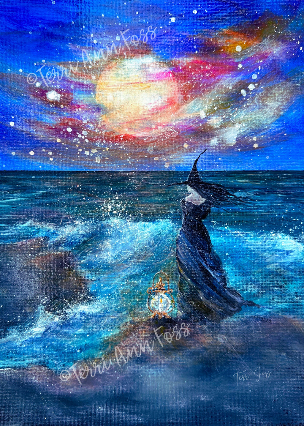 Between Wave and Star - Witch Siren Sea Ocean Water Moon Night Lantern - Giclée Fine Art Print - Terri Ann Foss