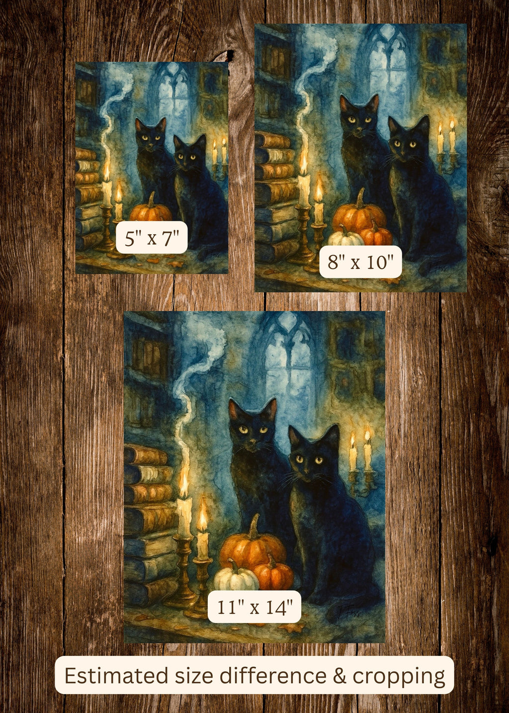 Midnight Keepers - Witch Halloween Pumpkin Black Cats Moon Books - Giclée Fine Art Print - Terri Ann Foss