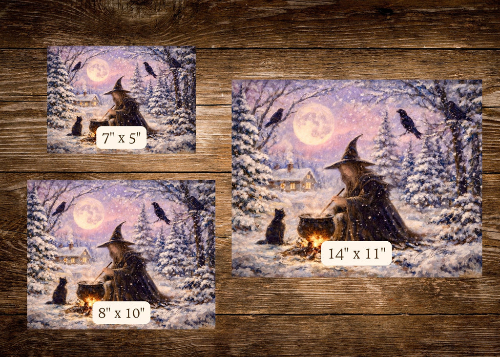 Moonlit Hearth - Witch Halloween Winter Yule Christmas Pumpkin Raven Crow Cat Moon - Giclée Fine Art Print - Terri Ann Foss