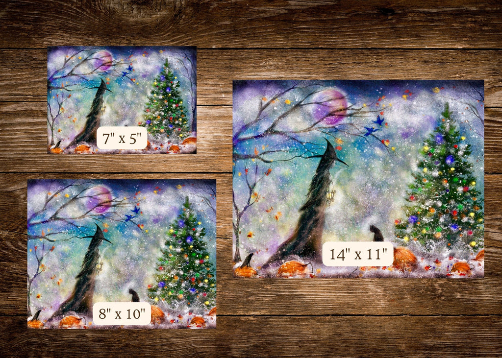 Winter Wood - Witch Halloween Winter Yule Christmas Raven Cat Moon - Giclée Fine Art Print - Terri Ann Foss