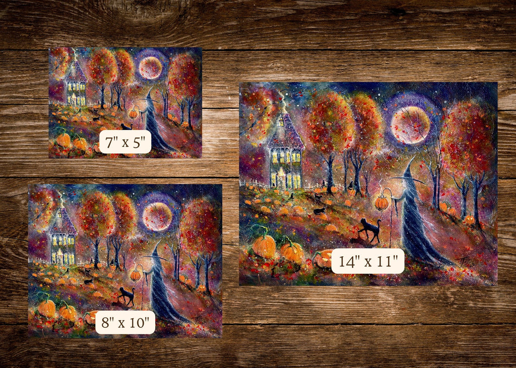 Harvest Hollow - Witch Cat Pumpkin Halloween Samhain Moon Cottage - Giclée Fine Art Print - Terri Ann Foss