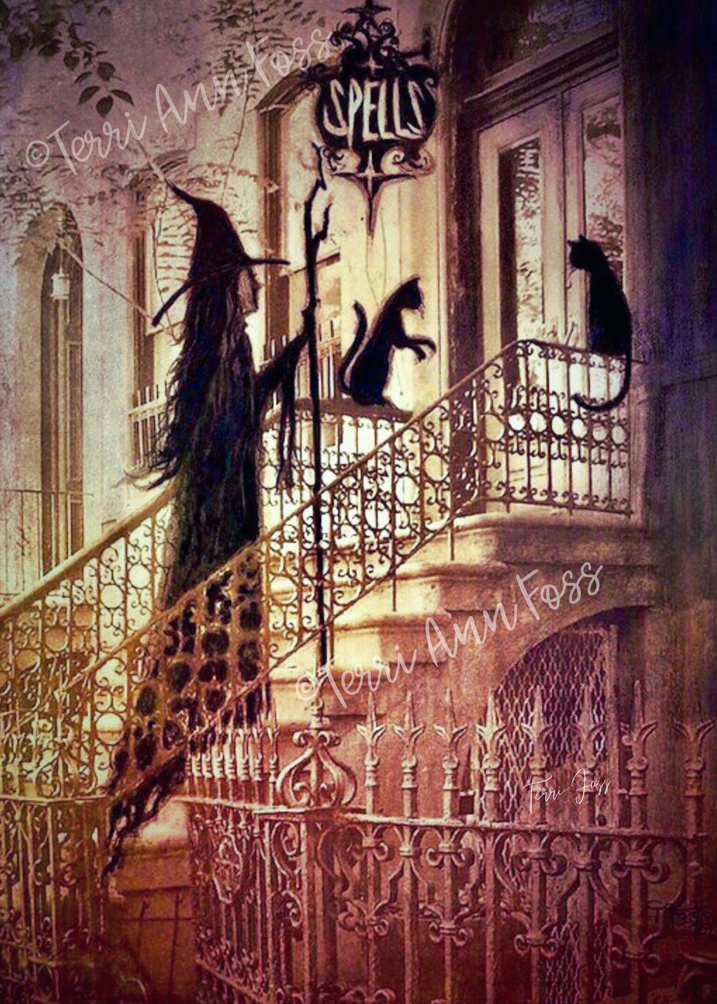 Twilight Spells - Witch Halloween Samhain Cat Sepia - Giclée Gallery Wrapped Canvas- Terri Ann Foss