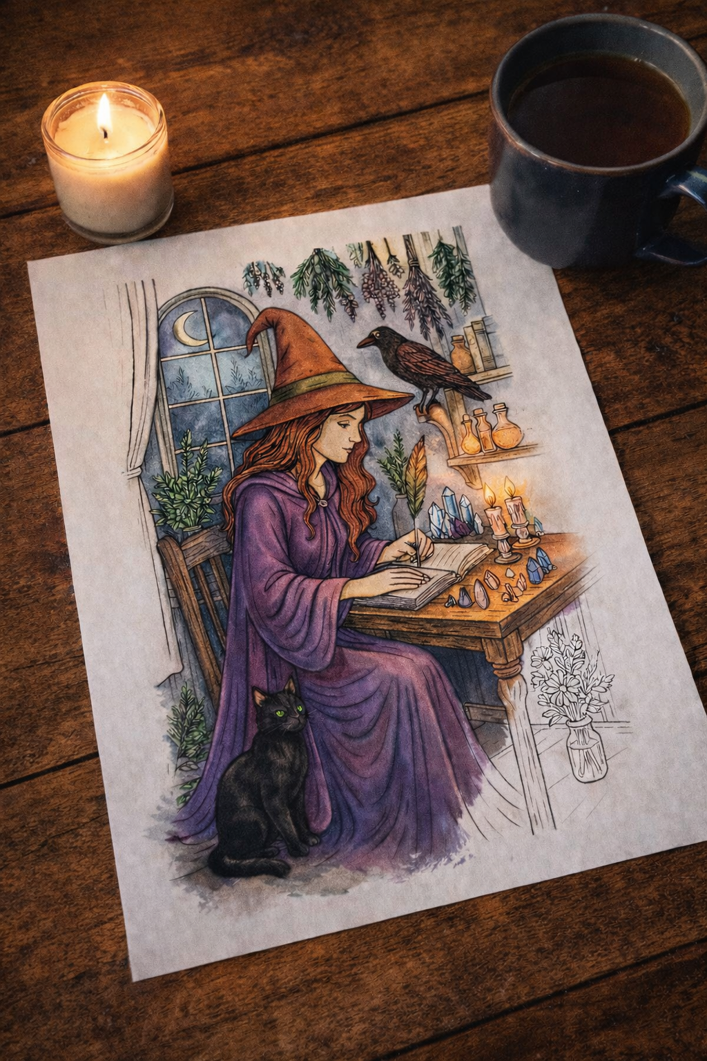 Colored in Moonlight – Witch Halloween Coloring Pages - Printable Witch Coloring Pages - 8.5x11 Instant Digital Download - Terri Ann Foss