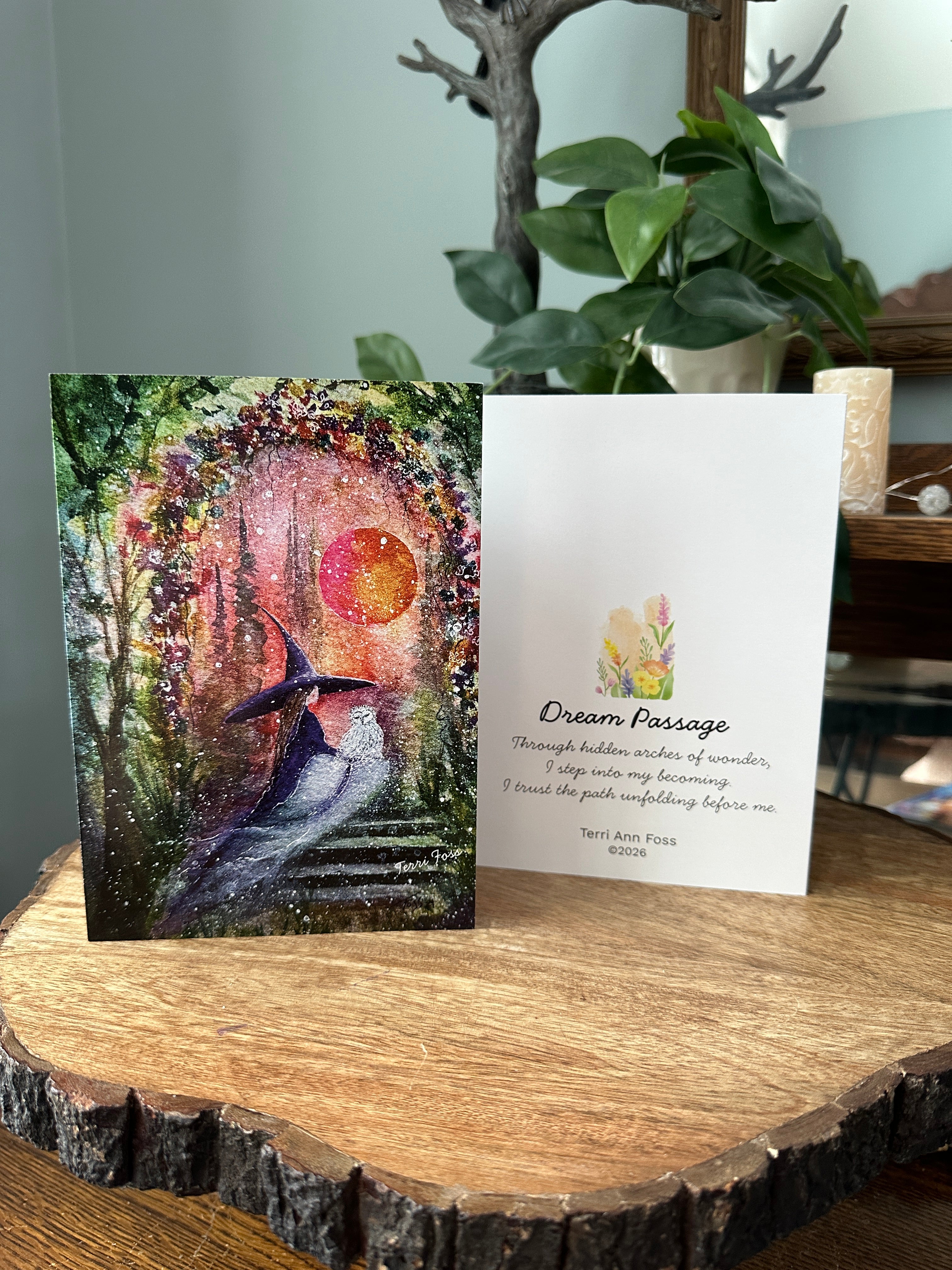 Dream Passage - Witch Owl Spring Summers Flowers Moon Halloween - Blank Art Greeting Card Set - Terri Ann Foss