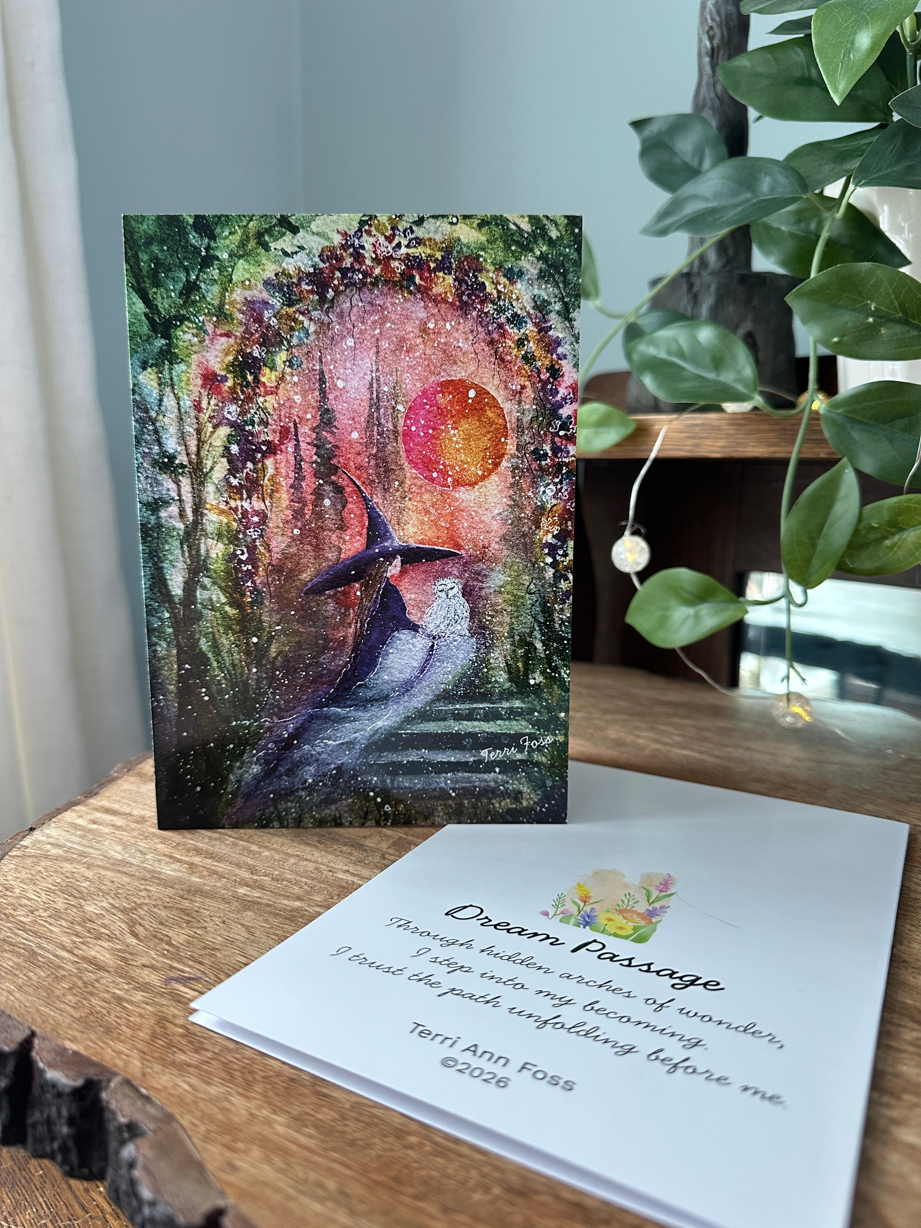 Dream Passage - Witch Owl Spring Summers Flowers Moon Halloween - Blank Art Greeting Card Set - Terri Ann Foss