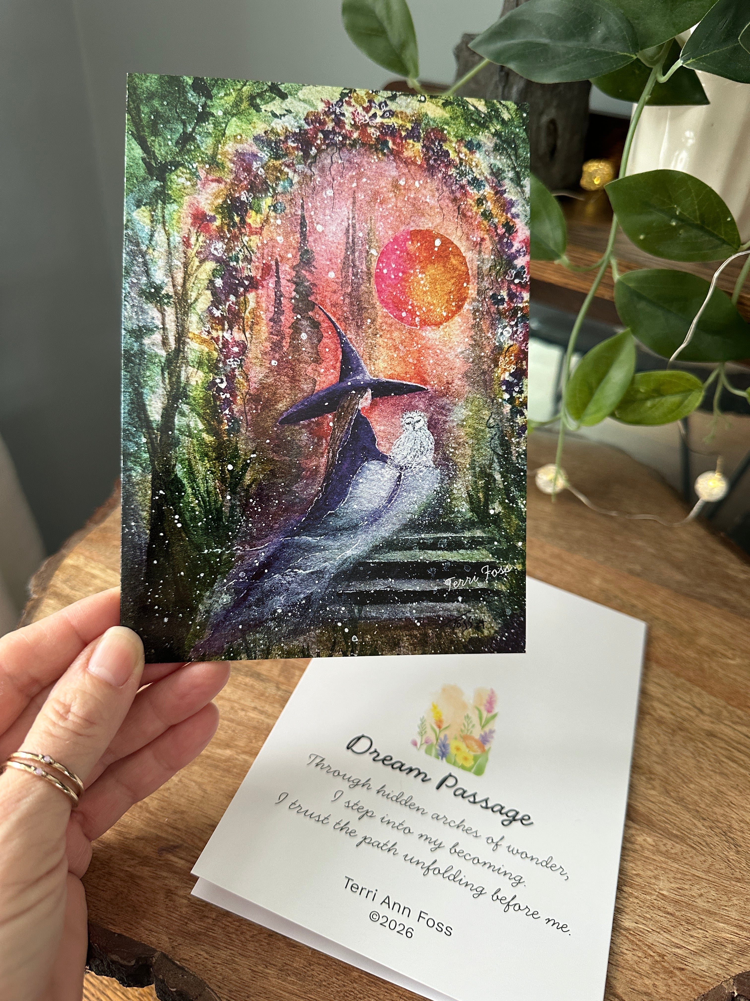 Dream Passage - Witch Owl Spring Summers Flowers Moon Halloween - Blank Art Greeting Card Set - Terri Ann Foss