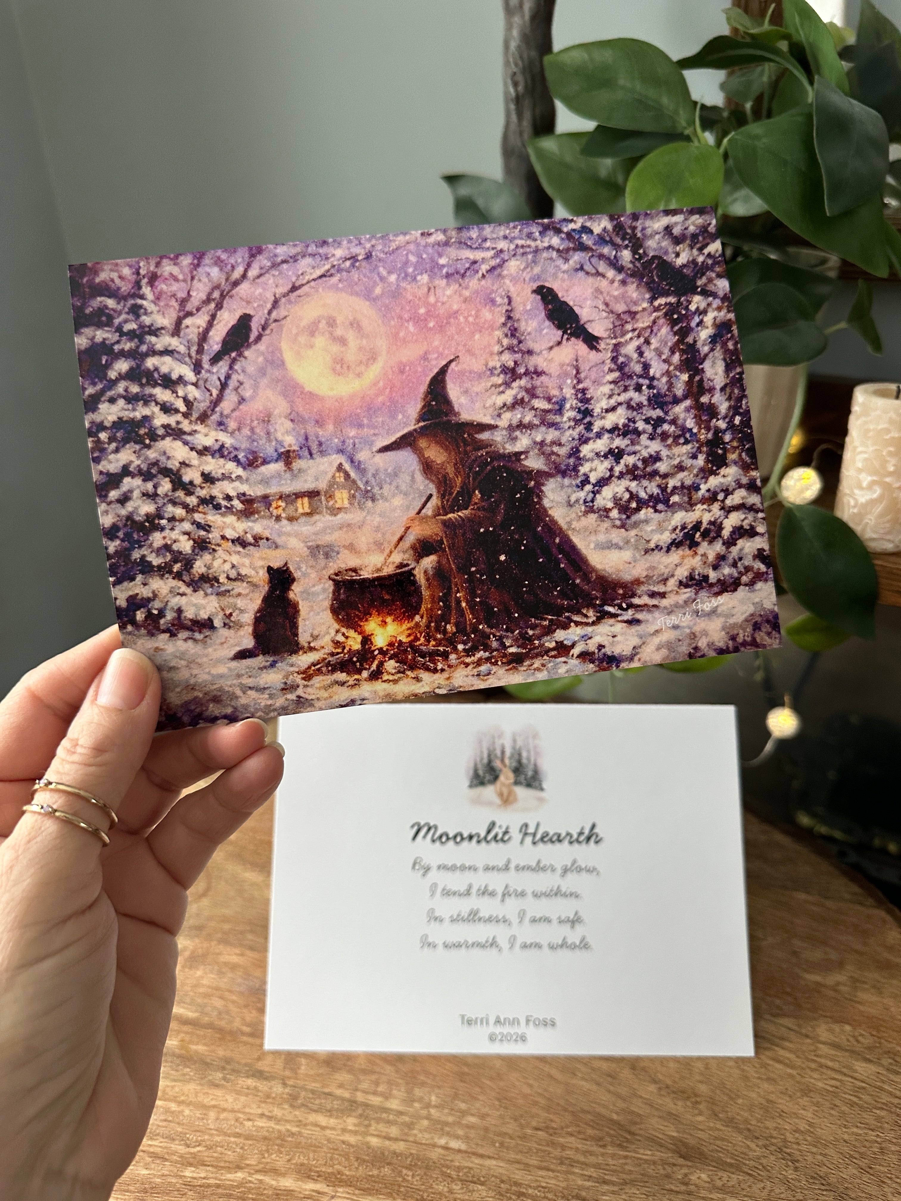 Moonlit Hearth - Witch Cat Winter Yule Christmas Halloween - Blank Art Greeting Card Set - Terri Ann Foss