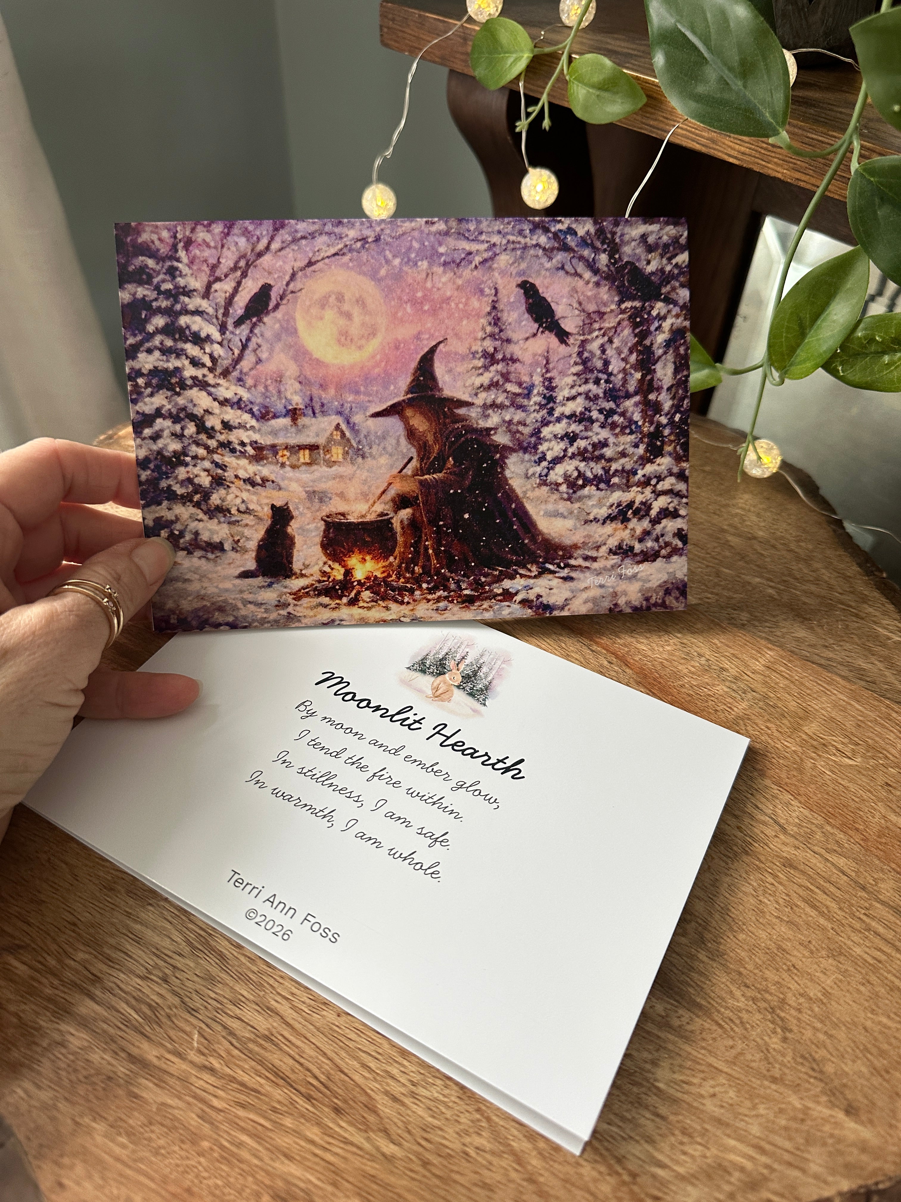 Moonlit Hearth - Witch Cat Winter Yule Christmas Halloween - Blank Art Greeting Card Set - Terri Ann Foss